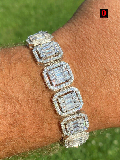 Men’s Real Solid 925 Silver Baguette Iced Bracelet 15mm Thick Bust Down Diamonds