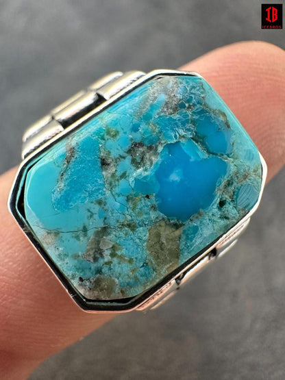 Genuine Sky Blue Turquoise Rectangle Gemstone Ring Solid 925 Sterling Silver Ring