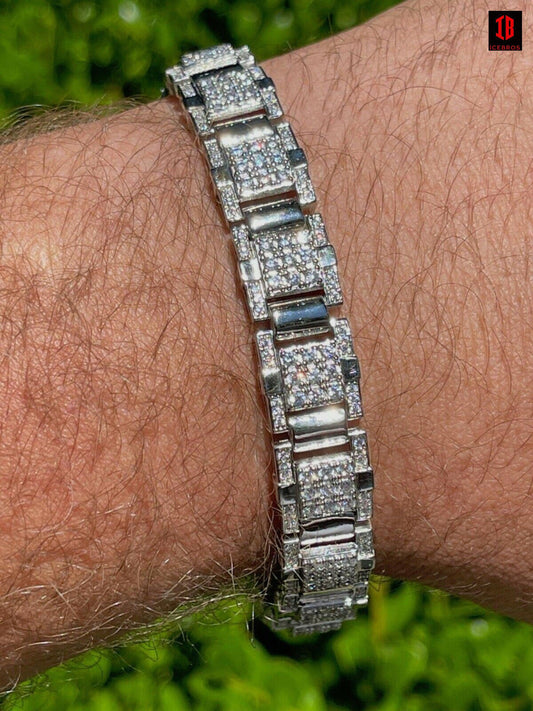 Men’s Real WHITE Gold Over 925 Silver Bracelet Iced Diamond Out Heavy 12mm Hip Hop