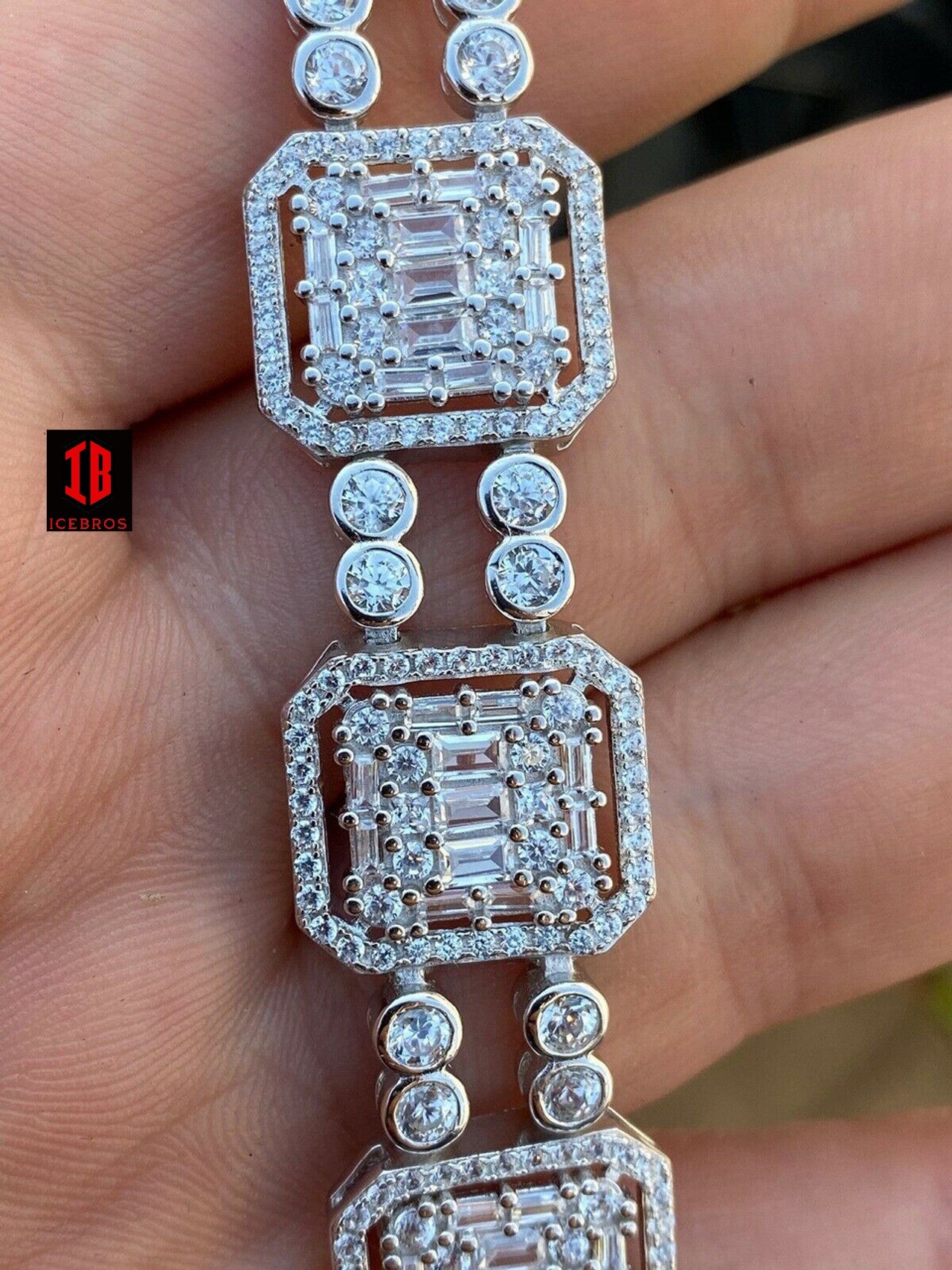 Mens 14k Gold & Real Solid 925 Silver Baguette Tennis Bracelet Iced Diamond 16mm