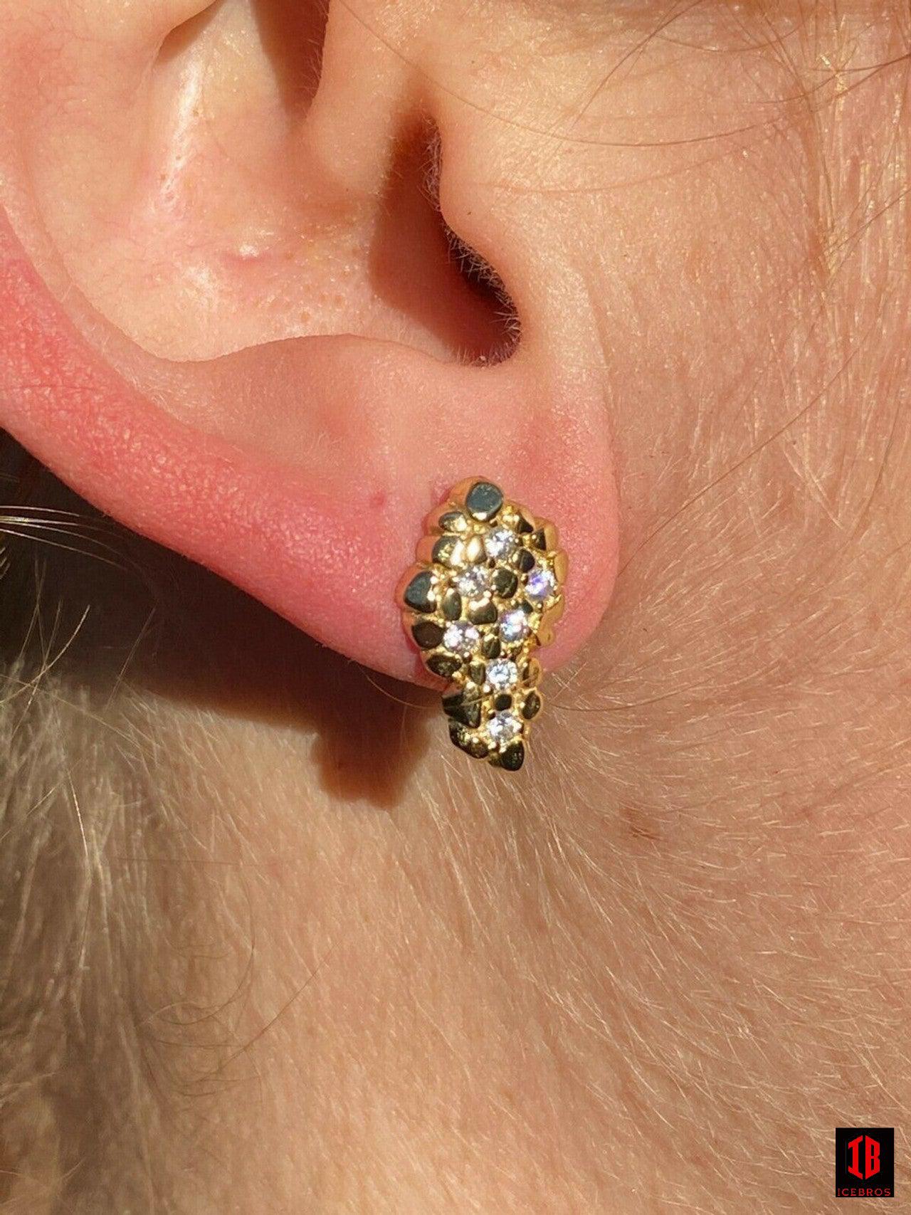 Mens Real Solid 925 Sterling Silver & 14k Gold Nugget Earrings Large Iced Studs