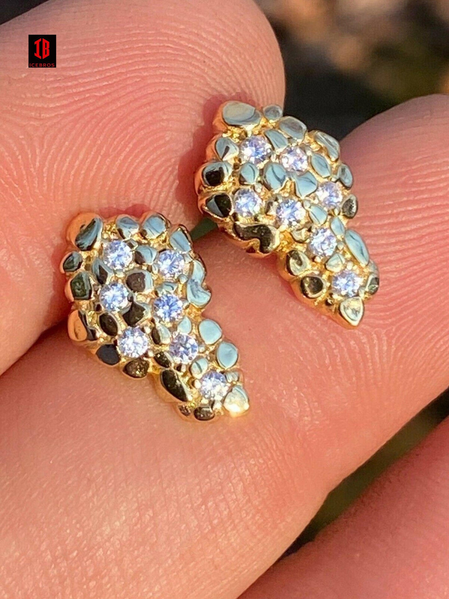 Mens Real Solid 925 Sterling Silver & 14k Gold Nugget Earrings Large Iced Studs