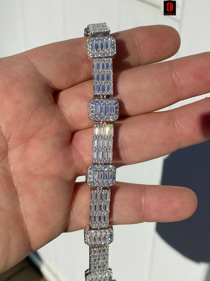 Men’s Real Solid 925 Sterling Silver Baguette Bracelet Iced Diamond Flooded Out