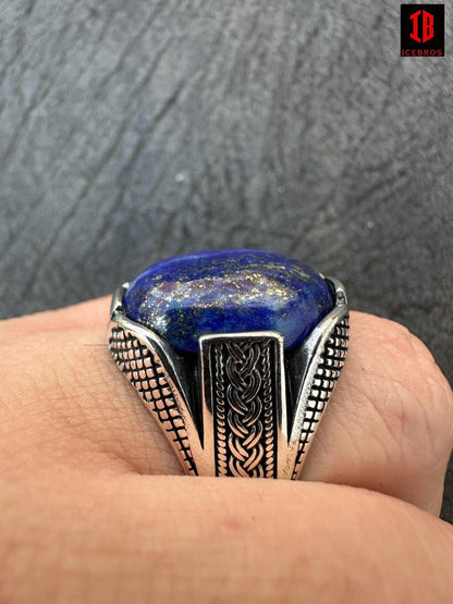 Mens Real Solid 925 Sterling Silver Blue Lapis Lazuli Gemstone Ring Sizes 6-13