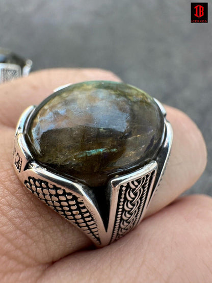 Mens Real Solid 925 Sterling Silver Labradorite Natural Gemstone Ring Sizes 6-13