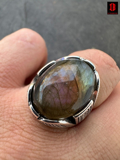 Mens Real Solid 925 Sterling Silver Labradorite Natural Gemstone Ring Sizes 6-13