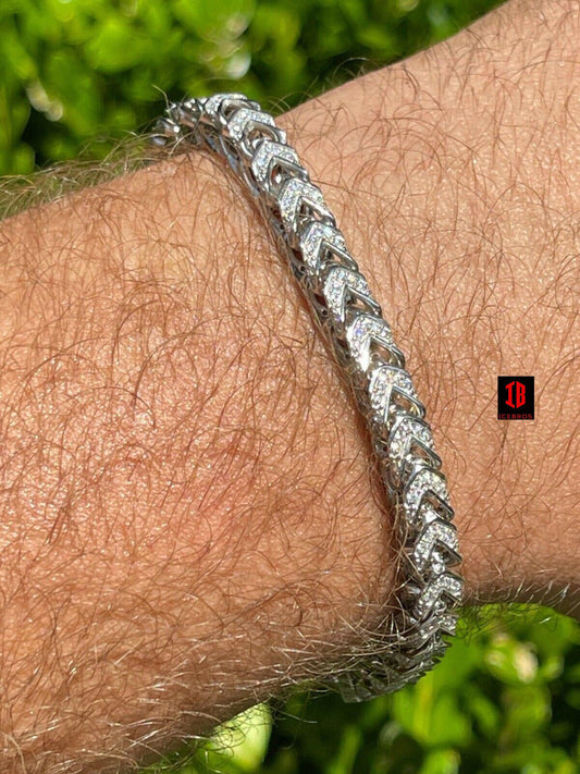 WHITE Gold & Real Solid 925 Sterling Silver Men's Franco Bracelet 6mm ICED Diamond