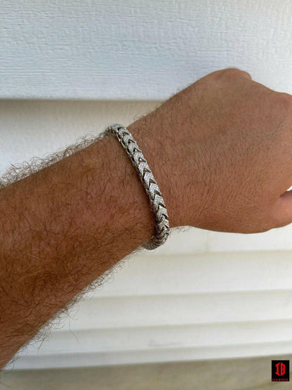 WHITE Gold & Real Solid 925 Sterling Silver Men's Franco Bracelet 6mm ICED Diamond