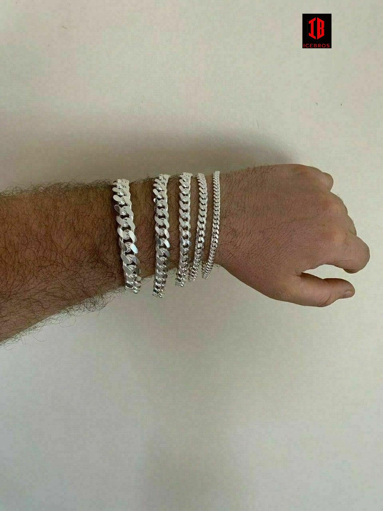 WHITE GOLD (LOBSTER CLASP) Mens Real Solid 925 Sterling Silver Miami Cuban Bracelet 5-12mm 7-9inch Heavy Link