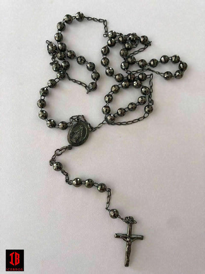 Men’s Rosary Beads Necklace Oxidized Black Disco Ball Cut 925 Silver Rosario ITALY Cross