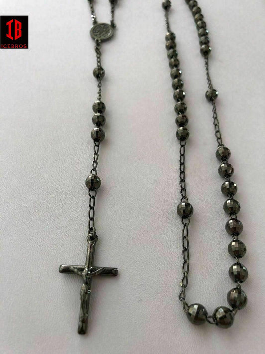 Men’s Rosary Beads Necklace Oxidized Black Disco Ball Cut 925 Silver Rosario ITALY Cross