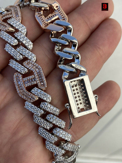 TWO TONE Mens Solid 925 Silver & Rose Gold Baguette Cuban Gucci Link Bracelet Hip Hop ICY