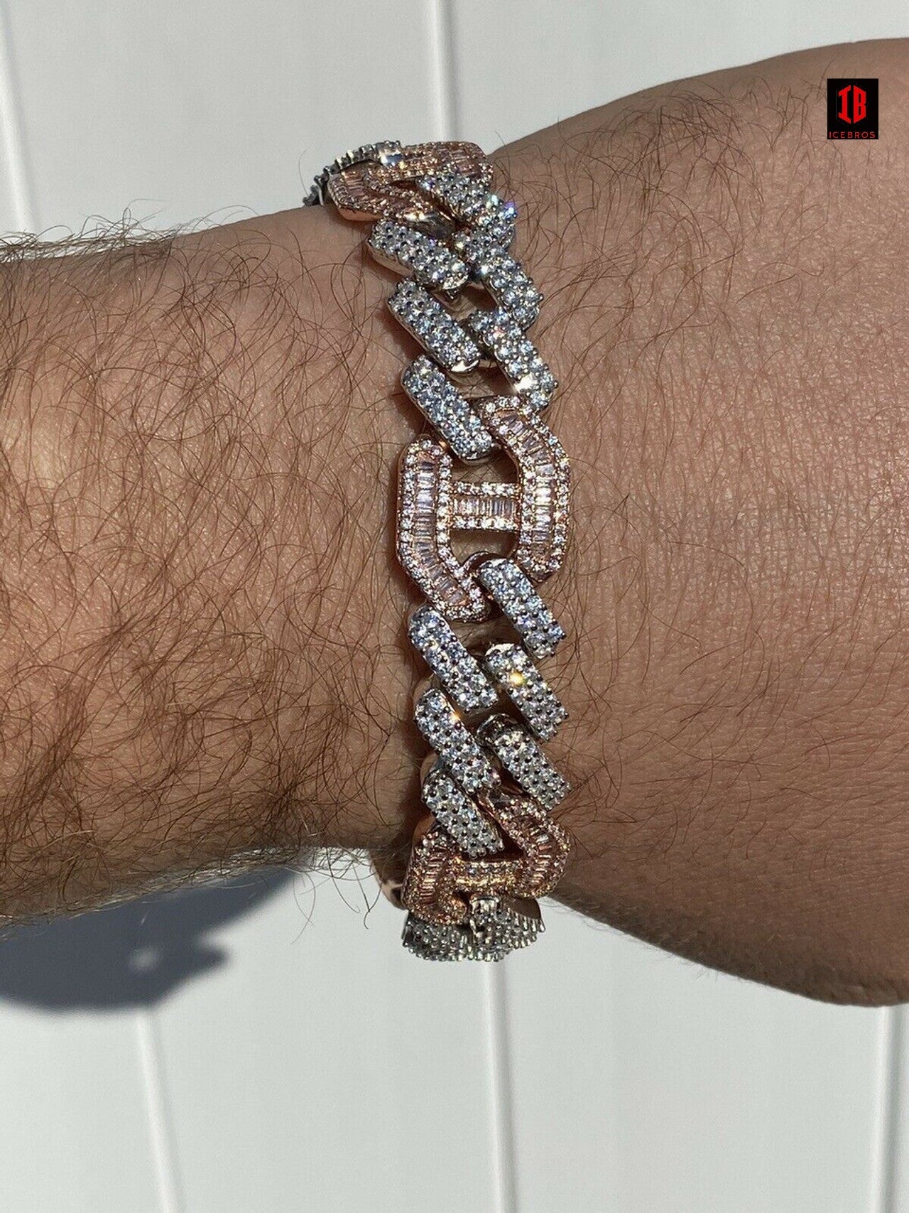 TWO TONE Mens Solid 925 Silver & Rose Gold Baguette Cuban Gucci Link Bracelet Hip Hop ICY