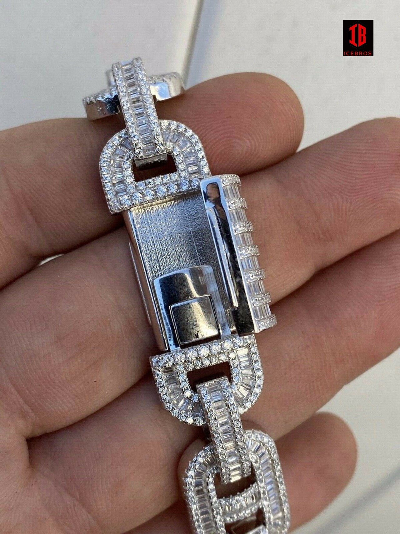 RHODIUM Men’s Solid 925 Silver Baguette Gucci Link Bracelet Iced Thick Flooded Out 15mm