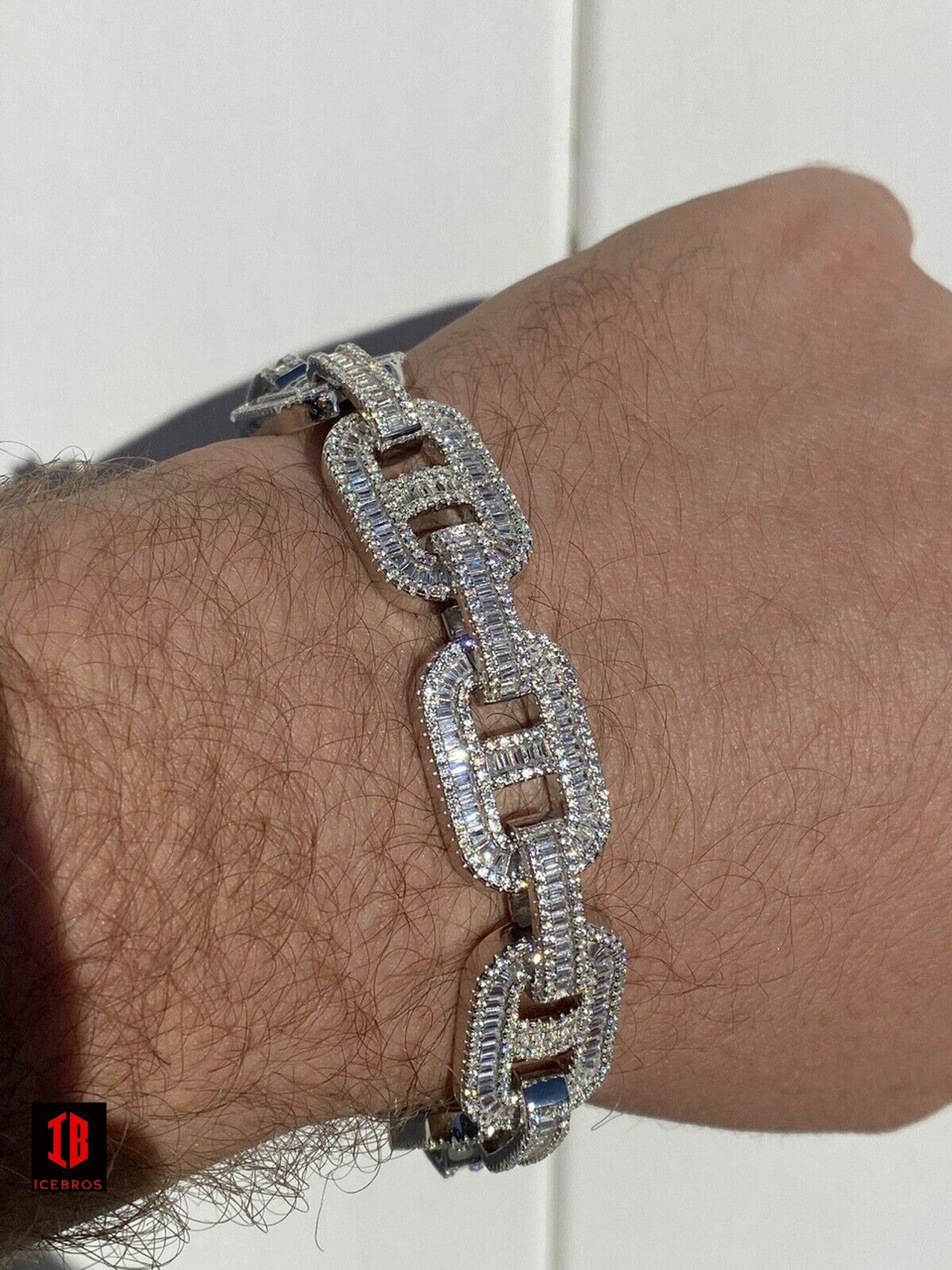 RHODIUM Men’s Solid 925 Silver Baguette Gucci Link Bracelet Iced Thick Flooded Out 15mm