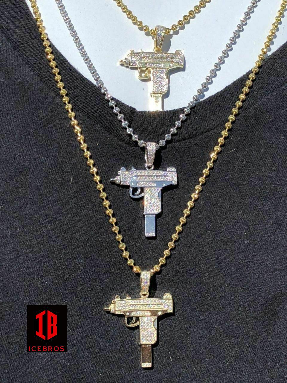 Men's Machine 925 Silver Uzi Gun Diamond Piece Iced Hip Hop Pendant + Chain Pistol