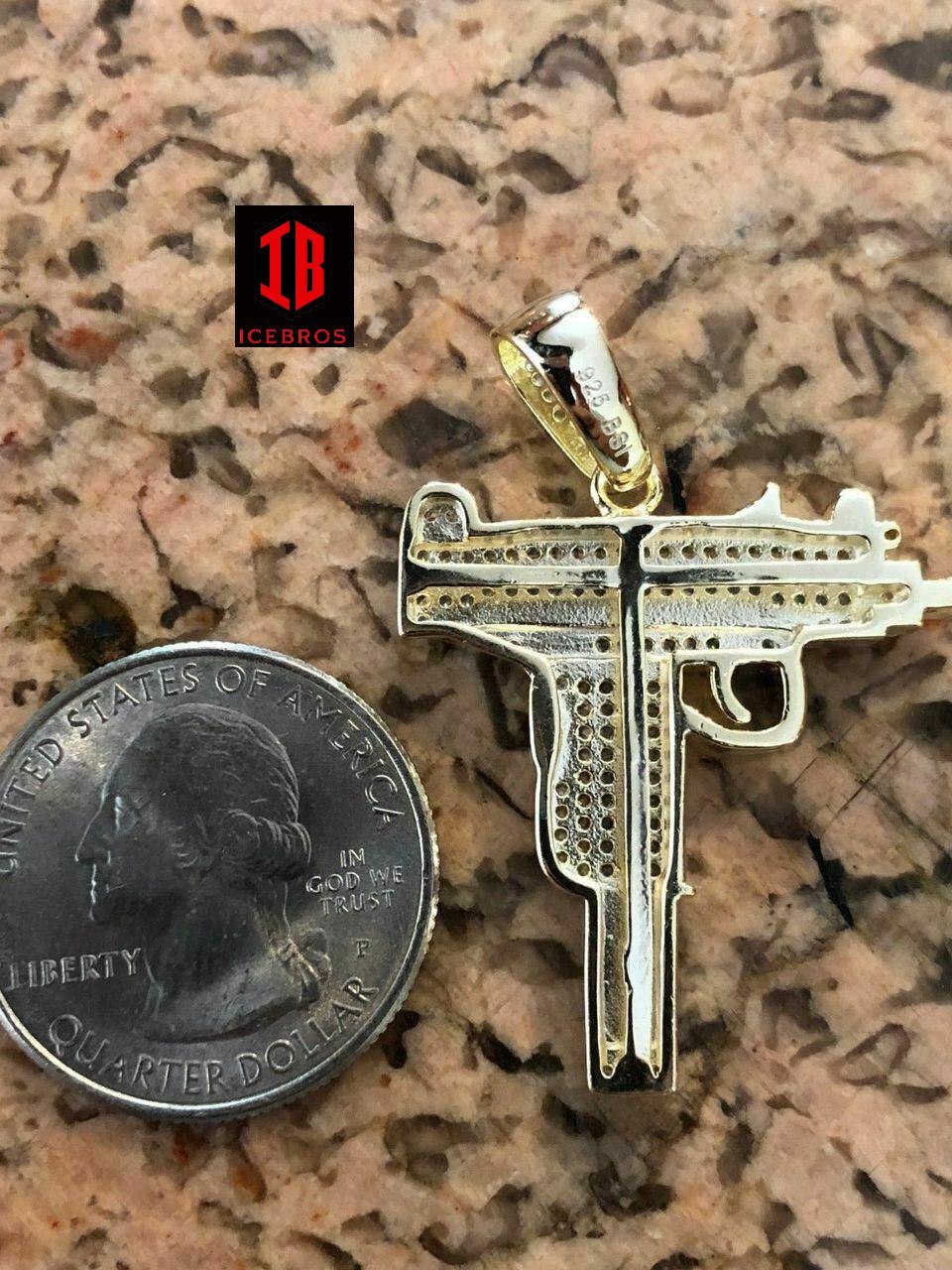 Men's Machine 925 Silver Uzi Gun Diamond Piece Iced Hip Hop Pendant + Chain Pistol