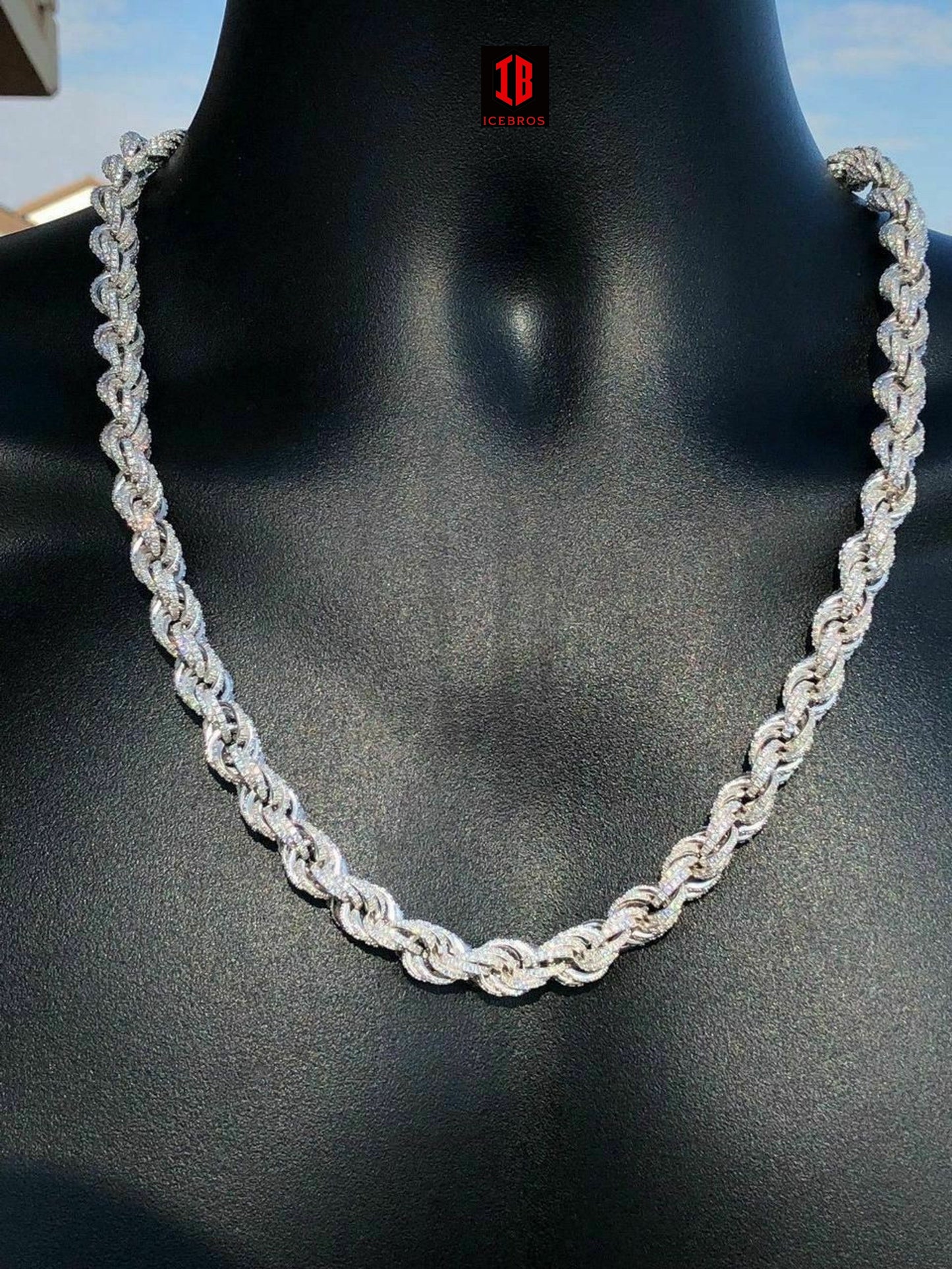 YELLOW GOLD Men's Solid 925 Sterling Silver Men's Rope Chain Thick 9mm ICY Diamond Choker