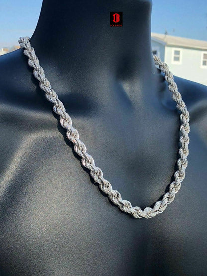 WHITE GOLD Men's Solid 925 Sterling Silver Men's Rope Chain Thick 9mm ICY CZ Diamond Choker