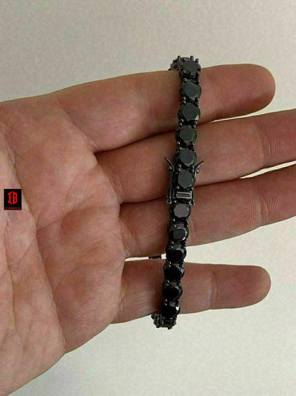 Mens Tennis Bracelet 925 Silver 7mm Man Made Black Diamond Tennis Bracelet 8.5"