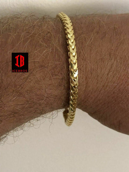 14k Gold Over Real Solid 925 Sterling Silver Franco Bracelet Mens HipHop (2-5mm)