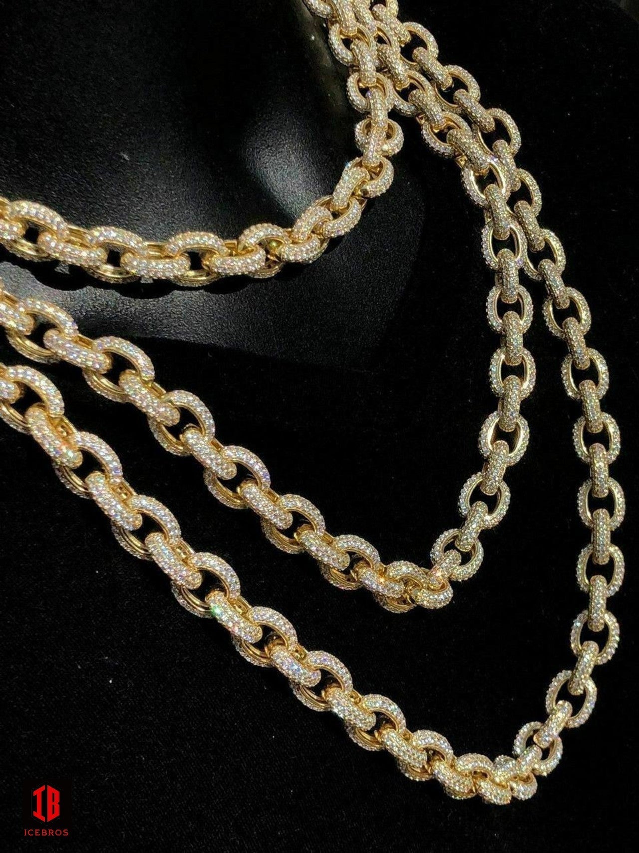 Solid 925 Sterling Silver Mens Thick Heavy Rolo Chain Iced CZ HANDMADE Diamonds Flooded Out (YELLOW GOLD)