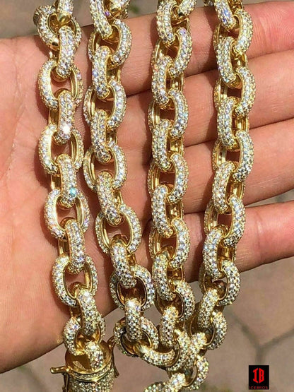 Solid 925 Sterling Silver Mens Thick Heavy Rolo Chain Iced CZ HANDMADE Diamonds Flooded Out (YELLOW GOLD)