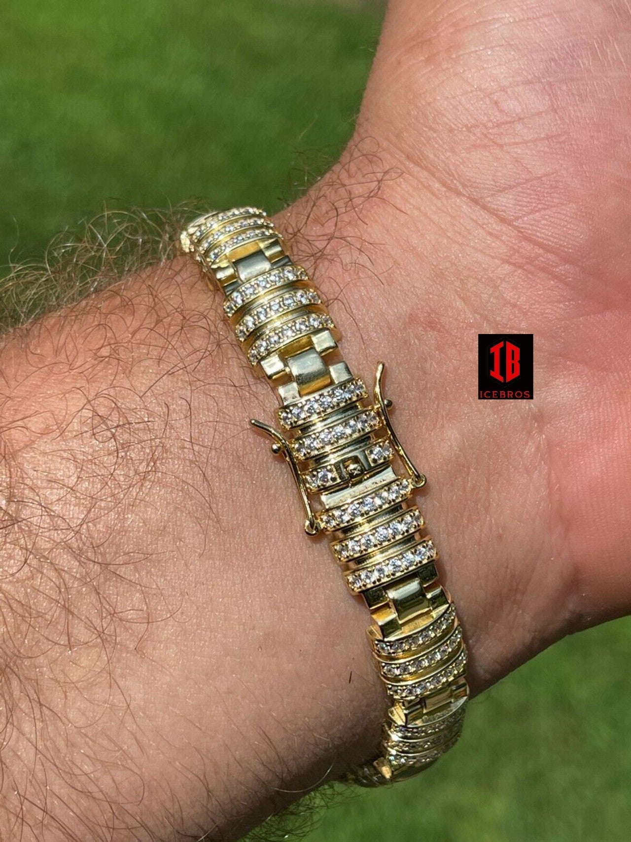 Men’s Unique Custom Bracelet Real 14k over Solid 925 Sterling Silver Iced Diamond Out