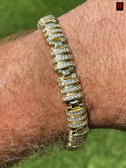 Men’s Unique Custom Bracelet Real 14k over Solid 925 Sterling Silver Iced Diamond Out