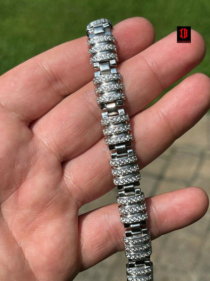 Men’s Unique Custom Bracelet Real Solid 925 Sterling Silver Iced Diamond Out