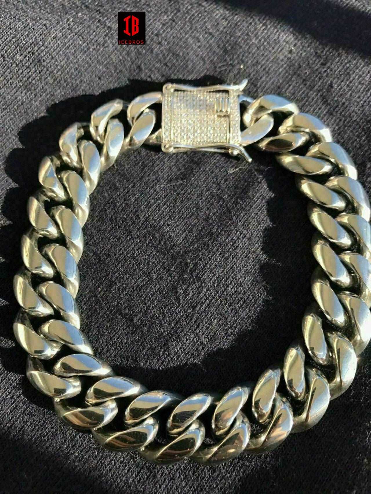 (14MM) Miami Cuban Link Bracelet 1ct Diamond Clasp 14k 18k Gold Plated Stainless Steel