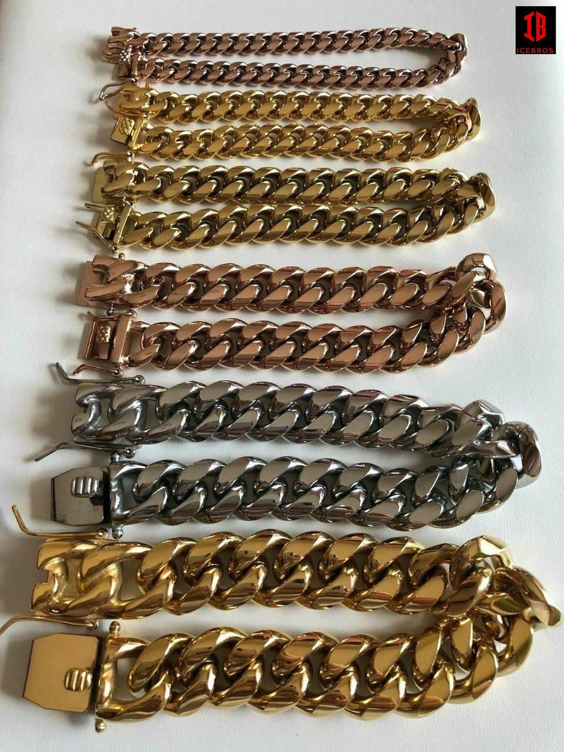 (18MM) Mens Miami Cuban Link Bracelet - Gold Plated Stainless Steel 8-18mm Yellow/Rose/White