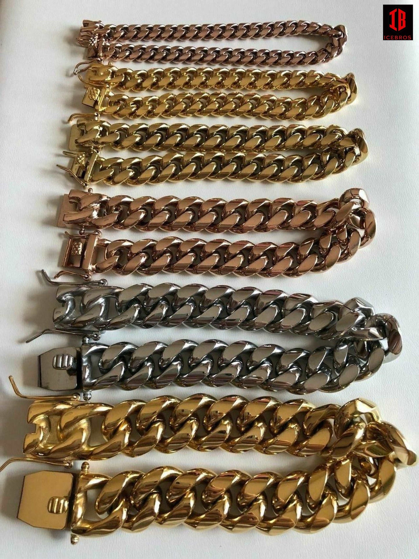 (8MM) Mens Miami Cuban Link Bracelet - Gold Plated Stainless Steel 8-18mm Yellow/Rose/White