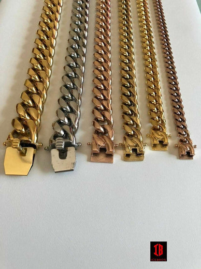 (12MM) Mens Miami Cuban Link Chain - Gold Plated Stainless Steel 8-18mm Yellow/Rose/White