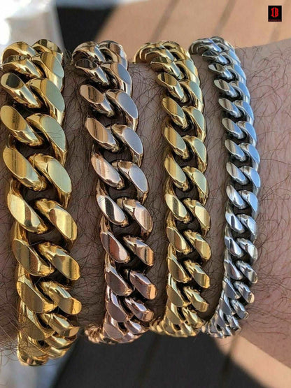 (18MM) Mens Miami Cuban Link Bracelet - Gold Plated Stainless Steel 8-18mm Yellow/Rose/White