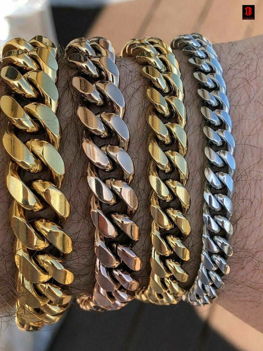 (8MM) Mens Miami Cuban Link Bracelet - Gold Plated Stainless Steel 8-18mm Yellow/Rose/White