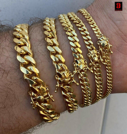 Miami Cuban Link Bracelet With Box Lock 14k Gold Over Solid 925 Silver ITALY