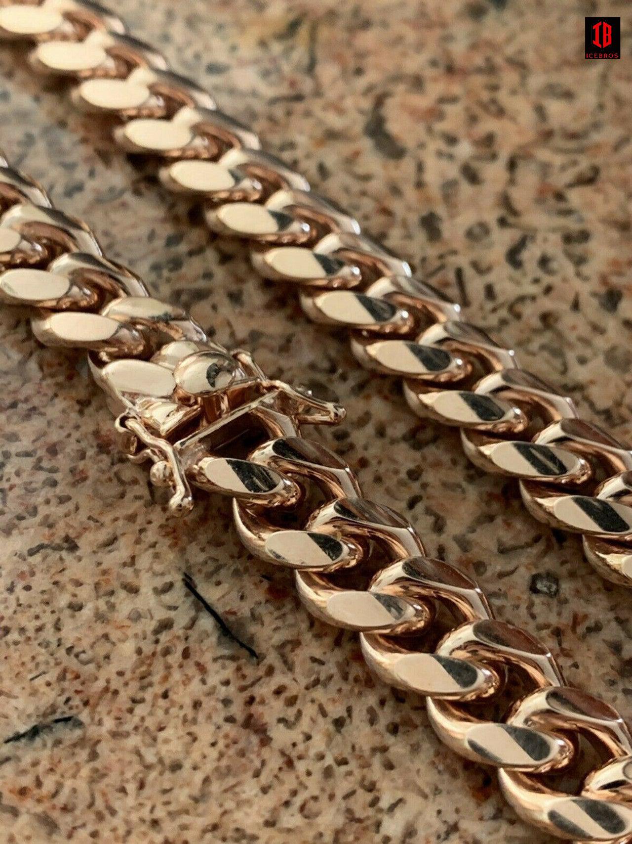 14k Rose Gold Over Solid 925 Silver ITALY Miami Cuban Link Bracelet With Box Lock
