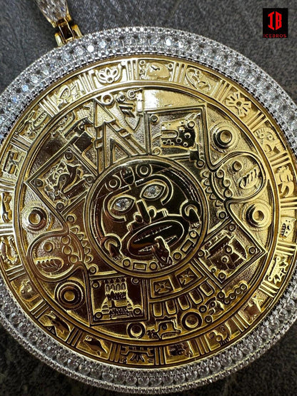 LARGE Moissanite Aztec Calendar Mayan Sun God Iced 925 Silver Pendant Necklace