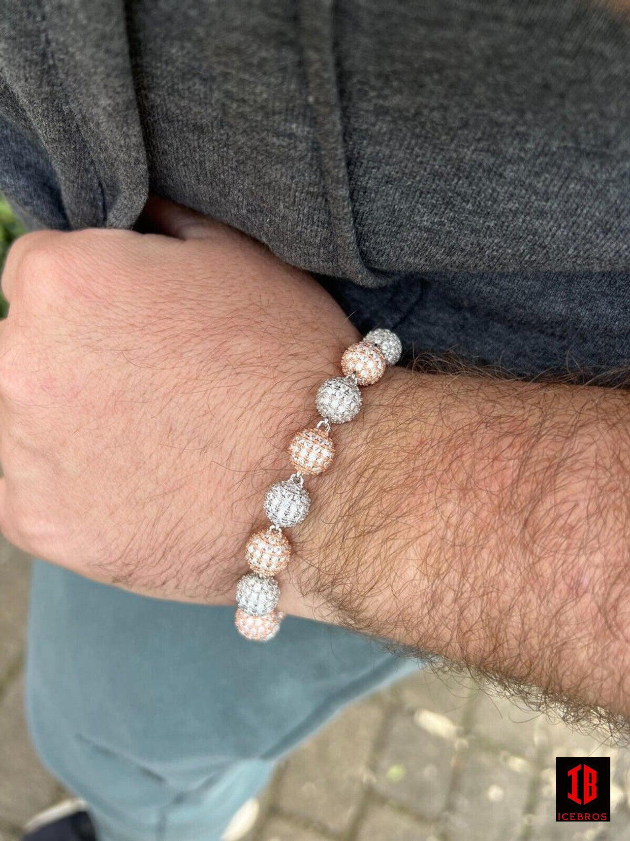 Two Tone Ball Moon White Moissanite Bracelet (4-10mm) - White Rose Gold Over 925 Sterling Silver