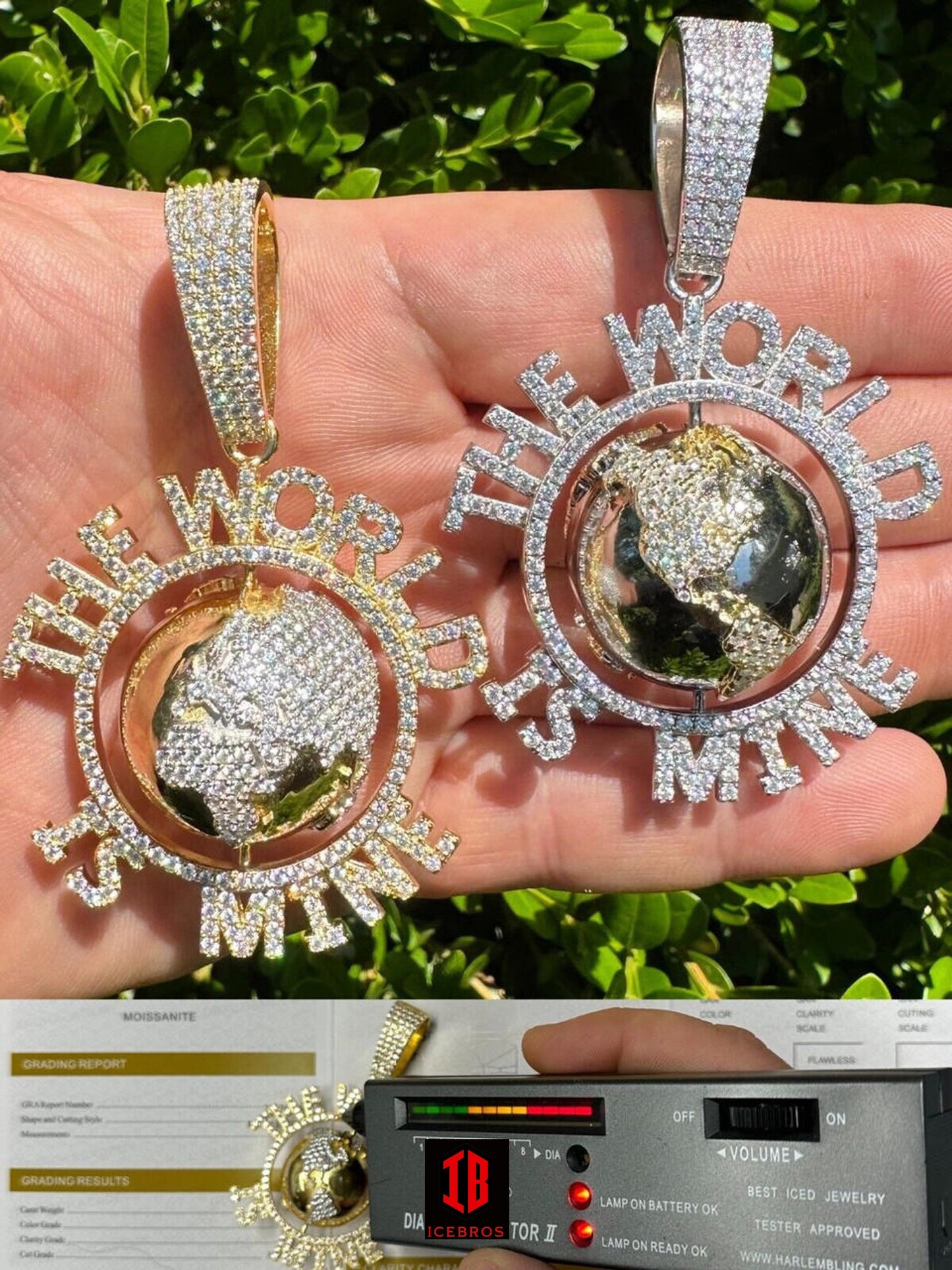 MOISSANITE Hip Hop 925 Silver VVS World Is Mine Spinning Globe Pendant Necklace