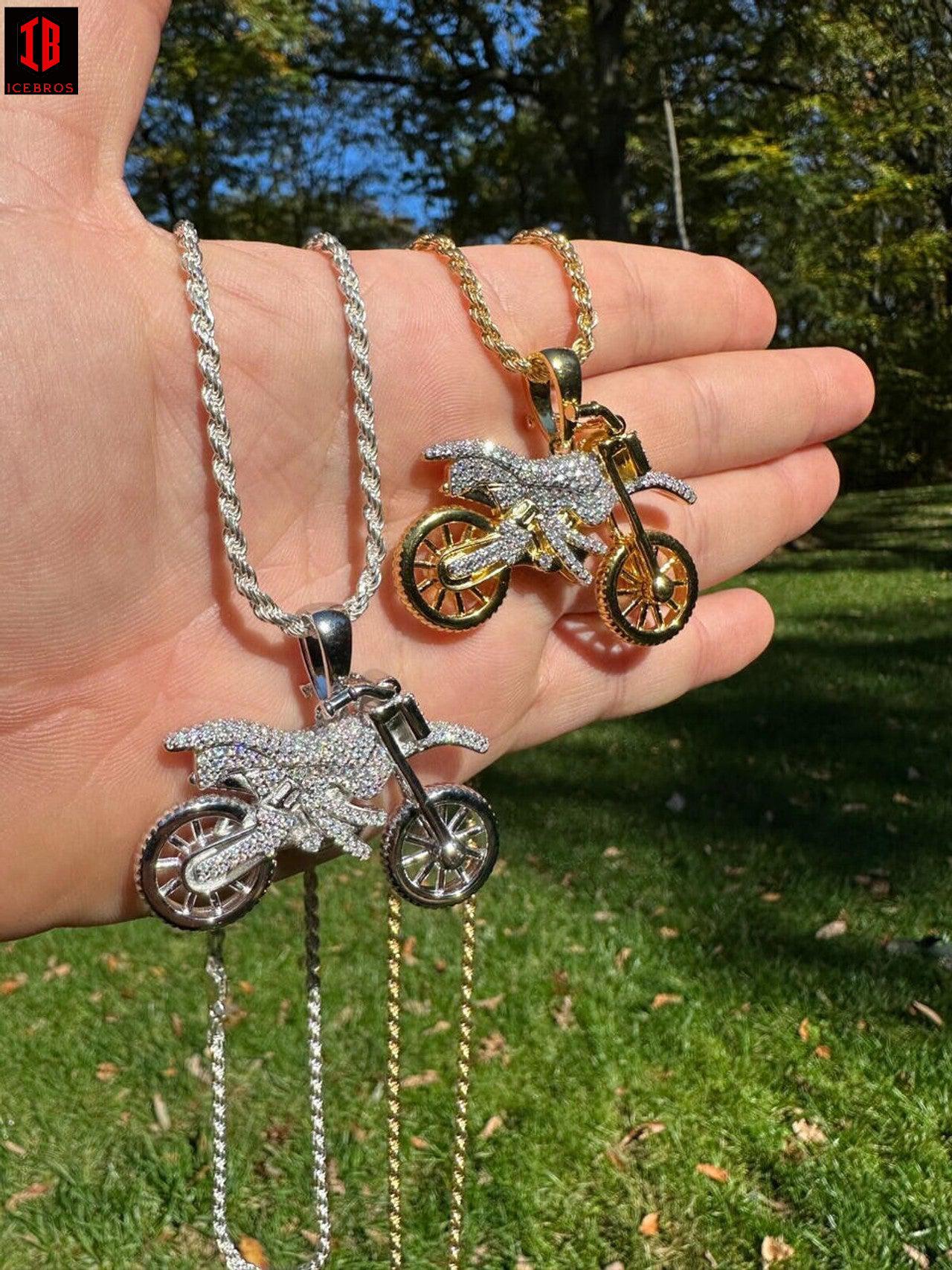 Moissanite Motorcycle Dirt Bike Pendent Necklace 14k White & Yellow Gold 925 Sterling Silver Chain