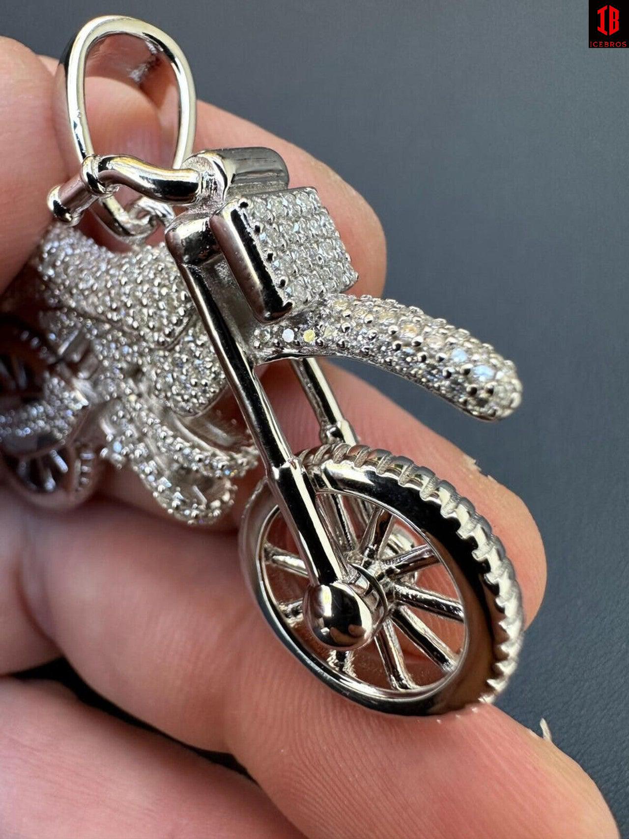 Closeup Of Moissanite Dirt Bike Pendant Necklace in 14k White Gold Plating and Flawless Round Moissanite Diamond Stones 