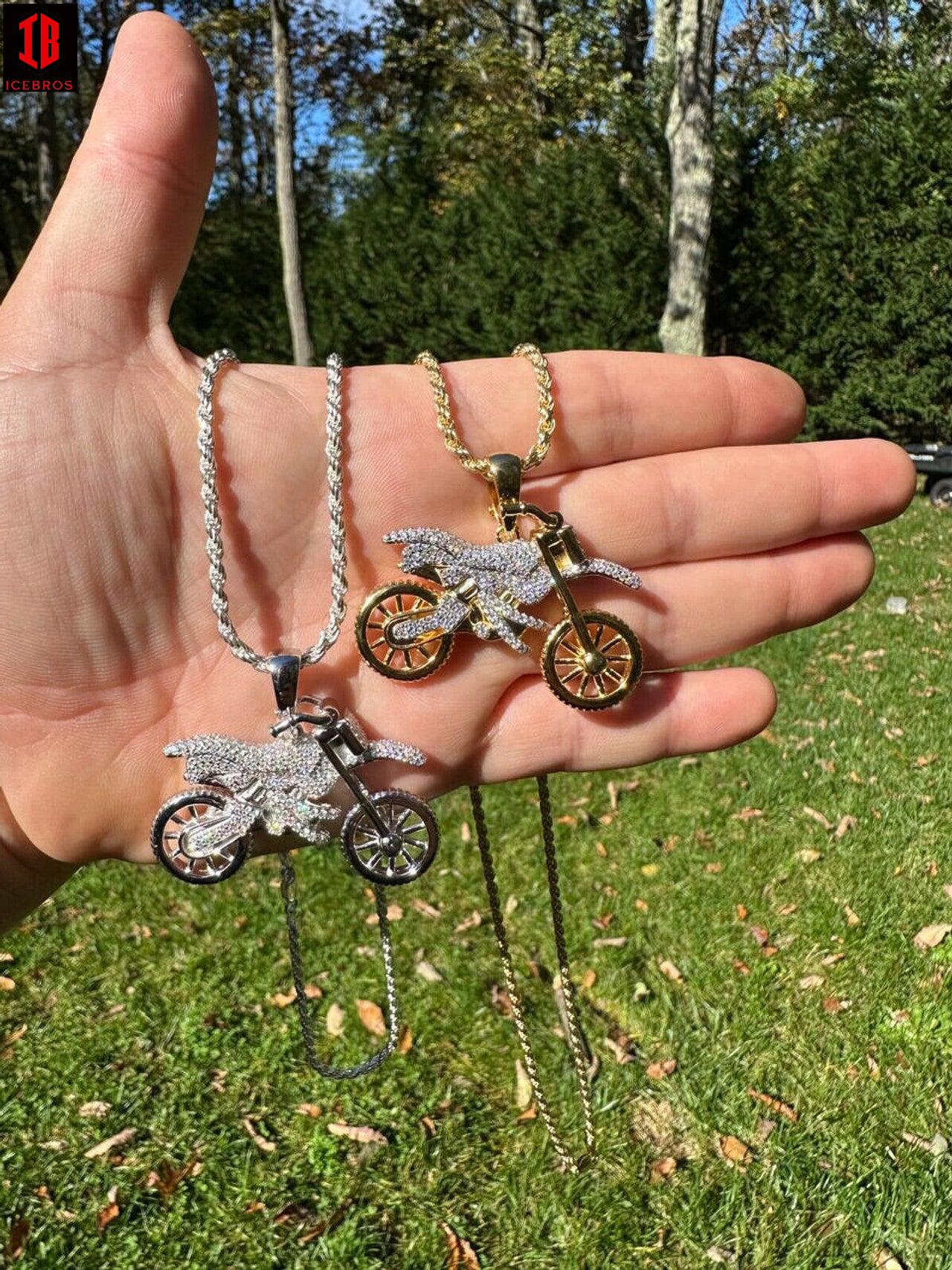 Moissanite Motorcycle Dirt Bike Pendent Necklace 14k White & Yellow Gold 925 Sterling Silver Chain