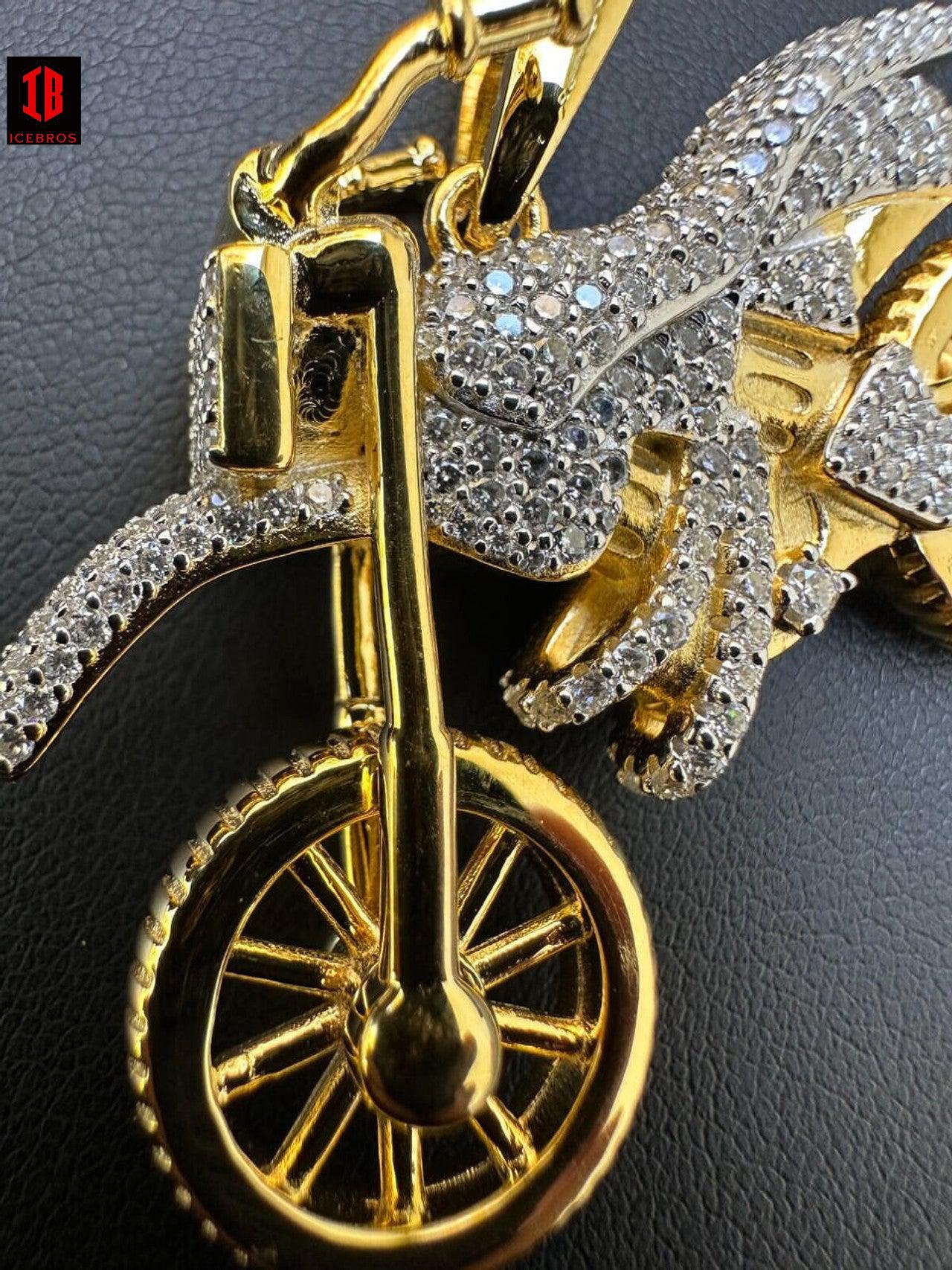 Closeup View Of Dirt BIke 14k Yellow Gold  Plating and Flawless Round Cut Moissanite 