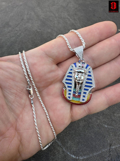 Enamel King Tut Pharaoh Pedant Necklace in 14k Gold or 14k White Gold ,925 Sterling Silver Egyptian Jewelry