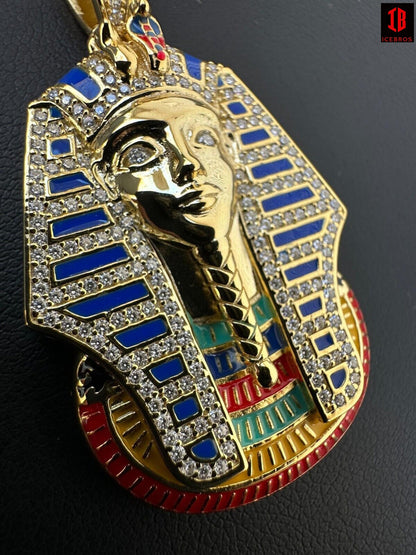 Enamel King Tut Pharaoh Pedant Necklace in 14k Gold or 14k White Gold ,925 Sterling Silver Egyptian Jewelry