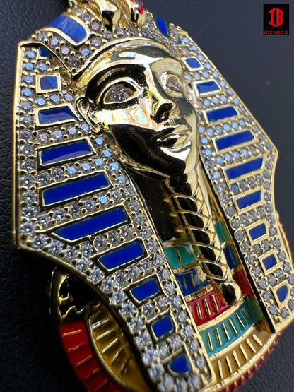 Enamel King Tut Pharaoh Pedant Necklace in 14k Gold or 14k White Gold ,925 Sterling Silver Egyptian Jewelry