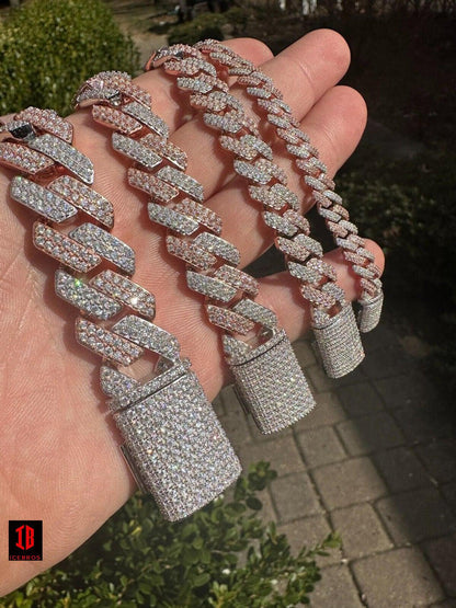 Close-up view of a 14k Rose & White Gold Diamond Moissanite Miami Cuban Link Bracelet, elegantly draped across a diverse range of wrist sizes. The bracelet sparkles in the light, showcasing its intricate design and luxurious materials