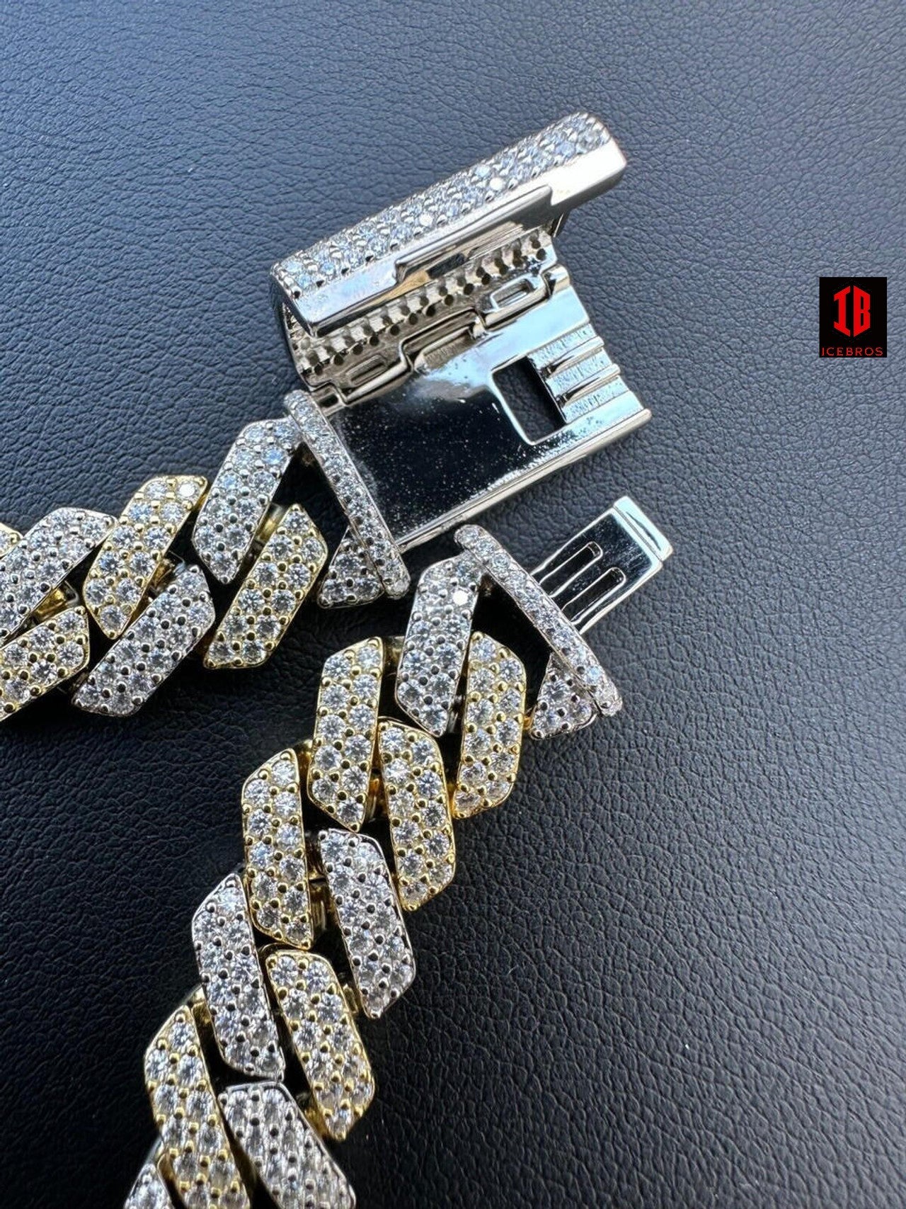 Gold and White Prong Cuban Link Chain with Buckle Clasp Close - Detailed View of the Chain's Prong Links and Buckle Mechanism